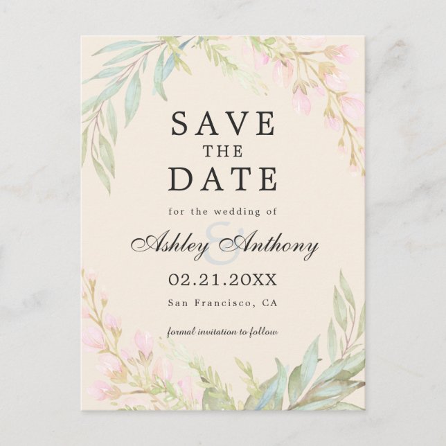 Chic Emerald and Pink Floral Elegant Save the Date Announcement Postcard (Front)