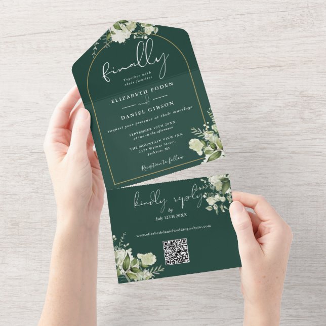 Chic Emerald Finally Arch Greenery QR Code Wedding All In One Invitation (Tearaway)