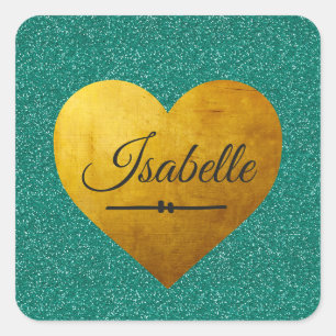 Chic Emerald Glitter Gold Heart Name Monogram Square Sticker