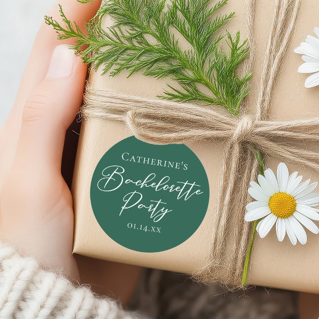 Chic Emerald Green Bachelorette Party Personalised Classic Round Sticker (Creator Uploaded)