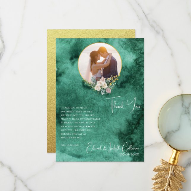 Chic Emerald Green Colour Wash Custom Photo Weddin Thank You Card (Front/Back In Situ)