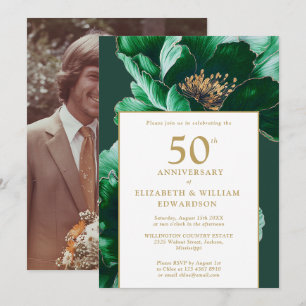Chic Emerald Green Floral 50th Anniversary Photo Invitation