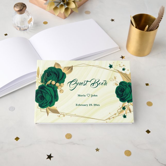 chic emerald green floral gold leaves geometric guest book (Front Open)