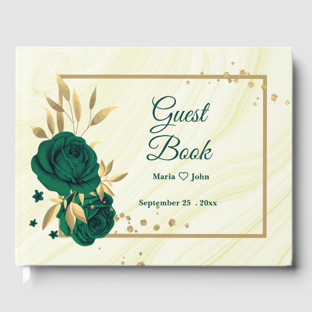 chic emerald green floral gold leaves geometric guest book (Front)
