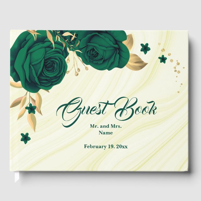 chic emerald green floral gold leaves guest book (Front)