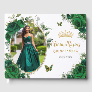 Chic Emerald Green Floral Gold Quinceanera Photo Guest Book