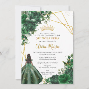 Chic Emerald Green Floral Princess Quinceañera Invitation