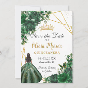 Chic Emerald Green Flowers Brown Girl Quinceañera  Save The Date