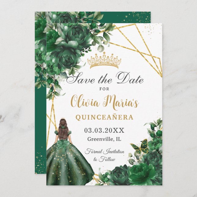 Chic Emerald Green Flowers Princess Quinceañera  Save The Date (Front/Back)