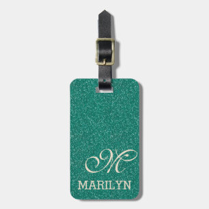 Chic Emerald Green Glitter Ivory Custom Monogram Luggage Tag