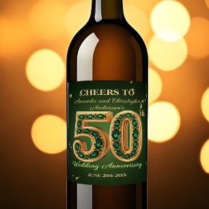 Chic Emerald Green & Gold 50th Wedding Anniversary Wine Label