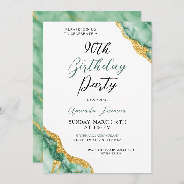 Chic Emerald Green & Gold 90th Birthday Invitation (Front/Back)