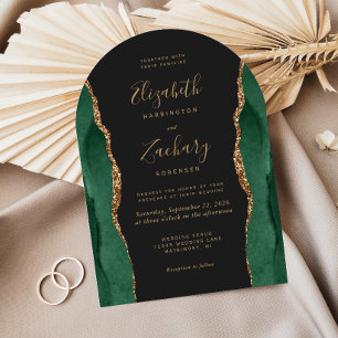 Chic Emerald Green Gold Agate Dark Arch Wedding Invitation