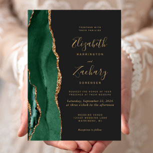 Chic Emerald Green Gold Agate Dark Wedding Invitation