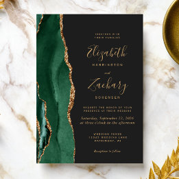 Chic Emerald Green Gold Agate Dark Wedding Invitation