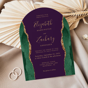 Chic Emerald Green Gold Agate Purple Arch Wedding Invitation