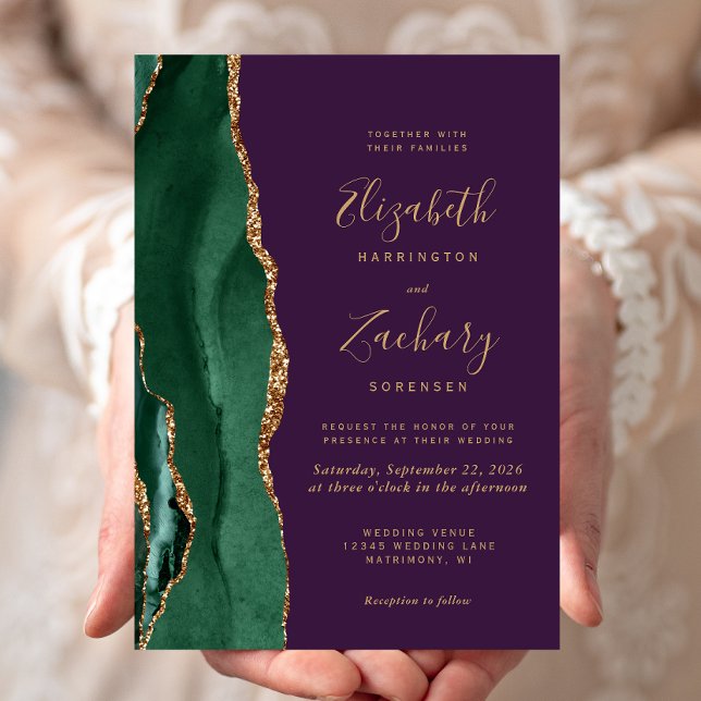 Chic Emerald Green Gold Agate Purple Wedding Invitation (Creator Uploaded)