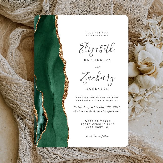Chic Emerald Green Gold Agate Rounded Wedding Invitation (Creator Uploaded)