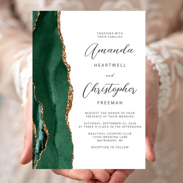 Chic Emerald Green Gold Agate Script Wedding Invitation (Creator Uploaded)