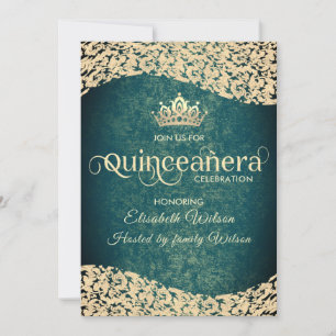 Chic Emerald green gold damask  tiara Quinceañera Invitation