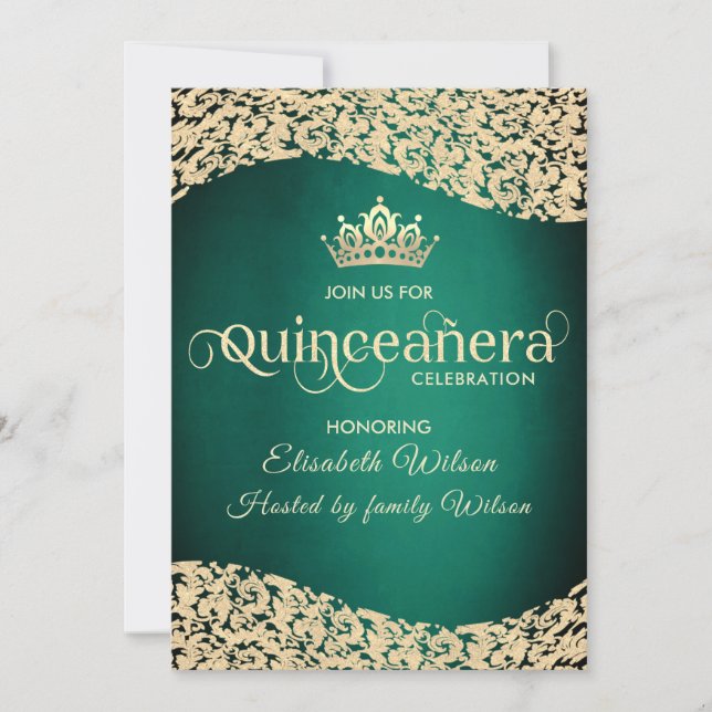 Chic Emerald green gold damask  tiara Quinceañera Invitation (Front)