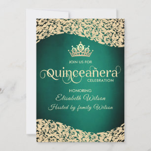 Chic Emerald green gold damask  tiara Quinceañera Invitation