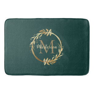 Chic Emerald Green Gold Monogram Eucalyptus Wreath Bath Mat