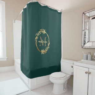 Chic Emerald Green Gold Monogram Eucalyptus Wreath Shower Curtain