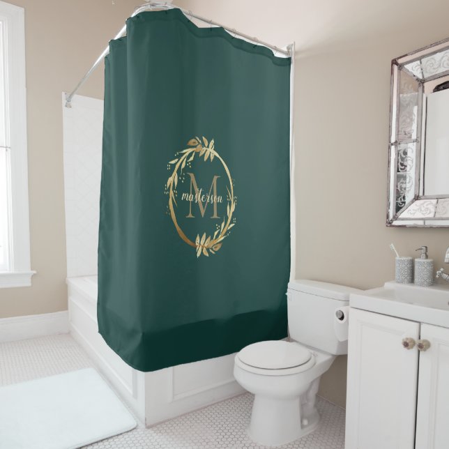 Chic Emerald Green Gold Monogram Eucalyptus Wreath Shower Curtain (In Situ)