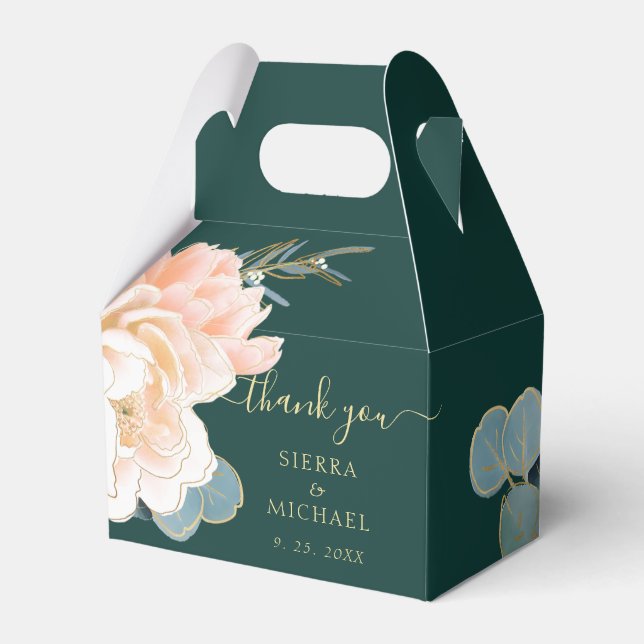 Chic Emerald Green Gold Peach Cream Floral Wedding Favour Box (Front Side)