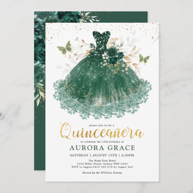 Chic Emerald Green Gold Quinceañera Princess Gown  Invitation (Front/Back)