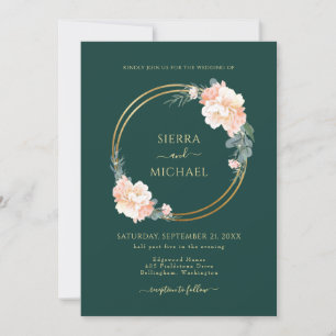 Chic Emerald Green Gold Rings Blush Floral Wedding Invitation