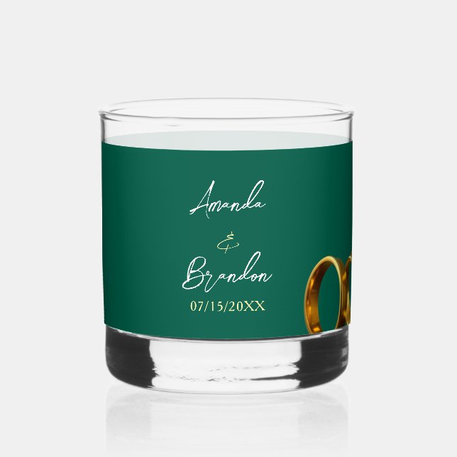 Chic Emerald Green Gold Rings Wedding Whiskey Glass (Front)
