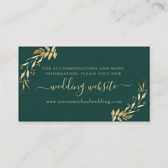 Chic Emerald Green Golden Foliage Wedding Website Enclosure Card (Front)