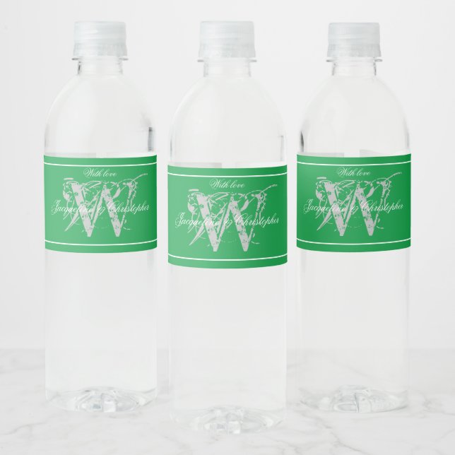 Chic Emerald Green Monogram Names Cute Wedding  Water Bottle Label (Bottles)