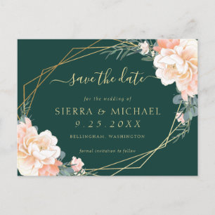 Chic Emerald Green Peach Gold Floral Save the Date Announcement Postcard