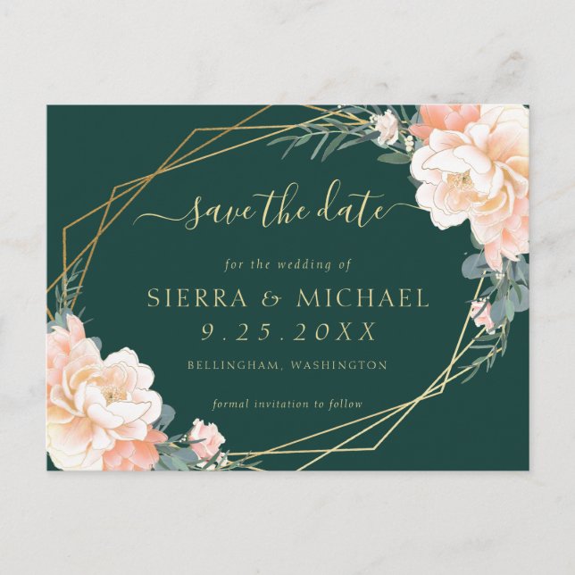 Chic Emerald Green Peach Gold Floral Save the Date Announcement Postcard (Front)