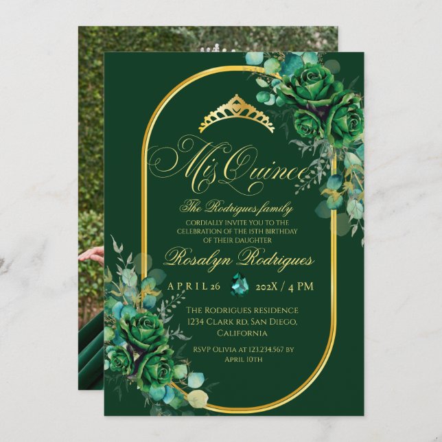 Chic Emerald green Quinceanera 15th Birthday Invitation (Front/Back)