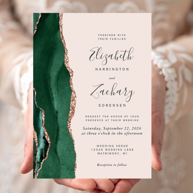 Chic Emerald Green Rose Gold Agate Blush Wedding Invitation (Creator Uploaded)