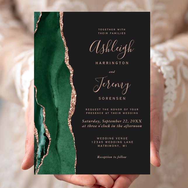 Chic Emerald Green Rose Gold Agate Dark Wedding Invitation (Creator Uploaded)