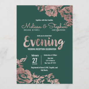 Chic Emerald Green Rose Gold Floral Evening Invitation