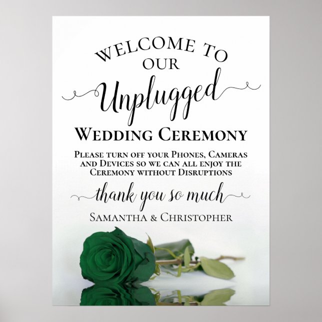 Chic Emerald Green Rose Unplugged Wedding Ceremony Poster (Front)