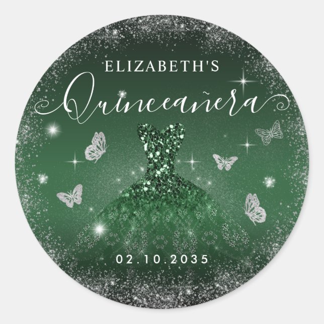 Chic Emerald Green Silver Glitter Gown Quinceañera Classic Round Sticker (Front)