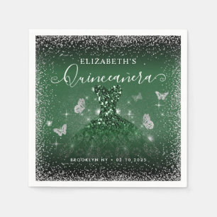 Chic Emerald Green Silver Glitter Gown Quinceañera Napkin