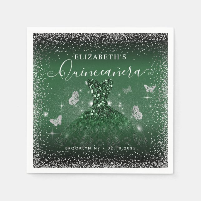 Chic Emerald Green Silver Glitter Gown Quinceañera Napkin (Front)