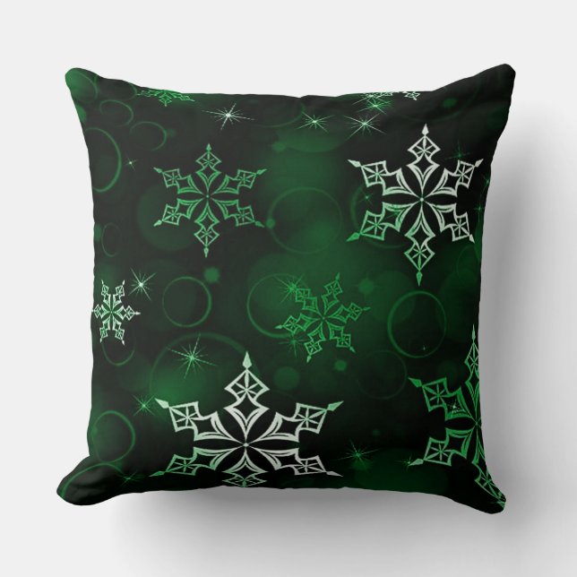 Chic Emerald Green Snowflake Motif Cushion (Front)