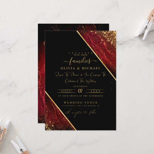 CHIC EMERALD RED DARK FOIL ABSTRACT AGATE WEDDING INVITATION (Front/Back In Situ)