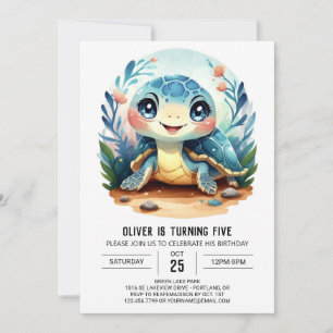 Chic Enchanted Blue Turtle Boy Birthday Invitation