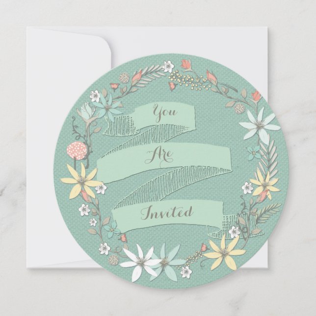 Chic Engagement Party Floral Wreath and Banner Invitation (Front)