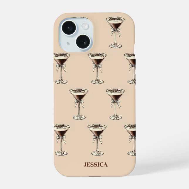 Chic Espresso Bow Pattern Personalised Brown iPhone 15 Case (Back)
